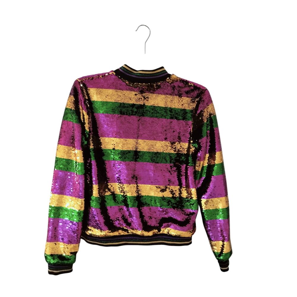 5728)Nola Mardi Grass Small Stripe Purple Gold Green Sequin Zip Bomber Jacket - Picture 3 of 10
